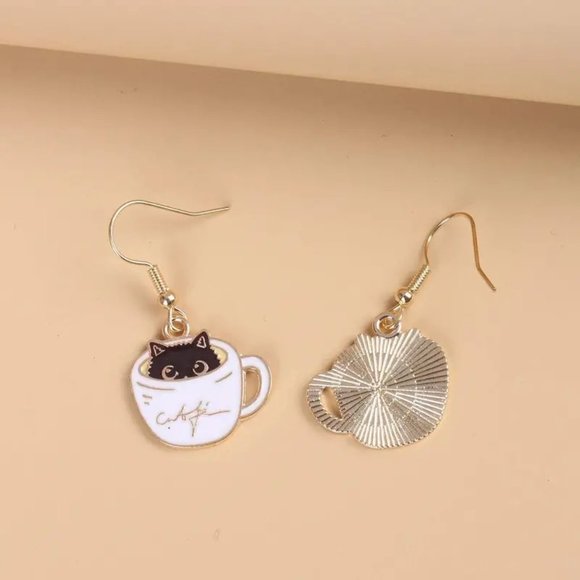 Cats and Coffee Dangle Earrings in Coffee Tea Cup White Black 1.57"  Drop New - Picture 12 of 14